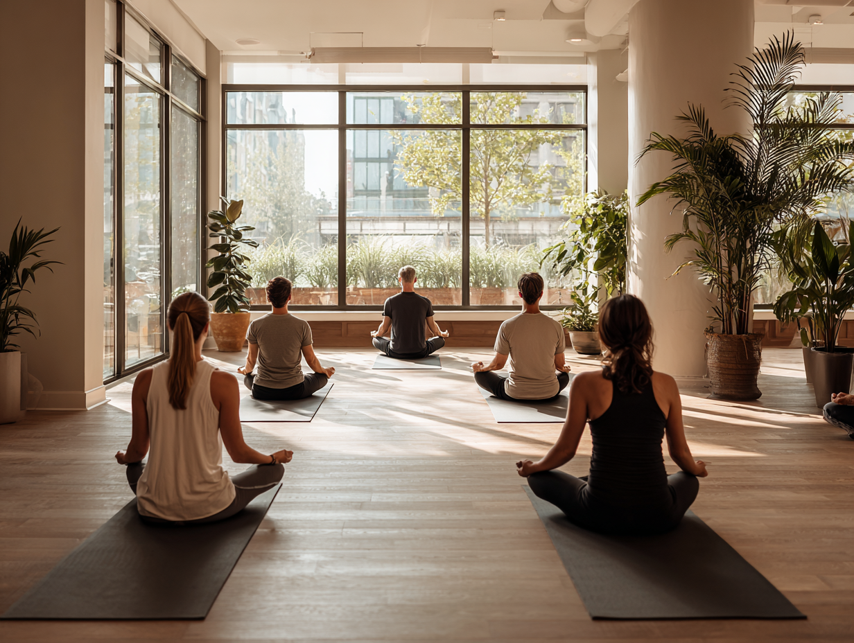 Інструктор йоги працює з групою людей різного віку в затишній студії з природним освітленням