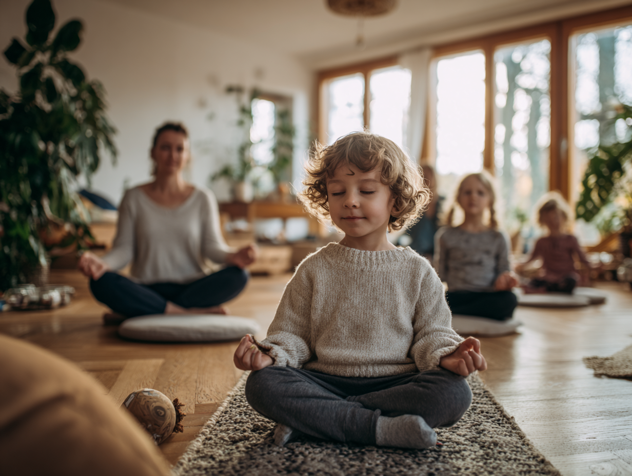 Люди різного віку займаються йогою на свіжому повітрі в мирному природному середовищі